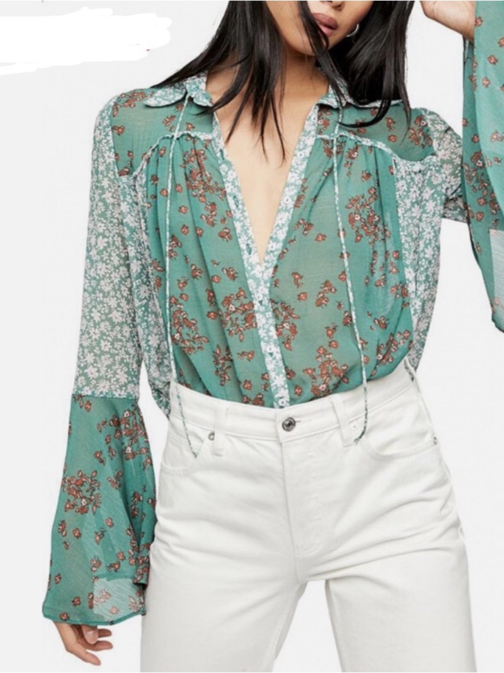 Free People Serena Sheer Floral Flowy Printed Bell Sleeve Blouse Emerald XL Boho